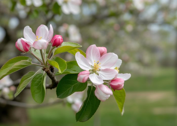Close-up of delicate pink and white apple blossoms on a branch in Arkansas.