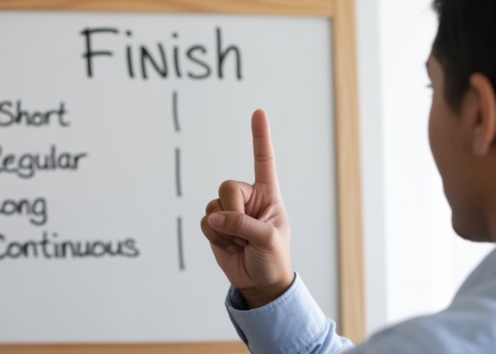 A person using American Sign Language (ASL) to explain temporal aspect with the sign for 'finish' and a whiteboard showing different time markers.