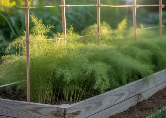 Lush green asparagus spears growing in a raised garden bed.