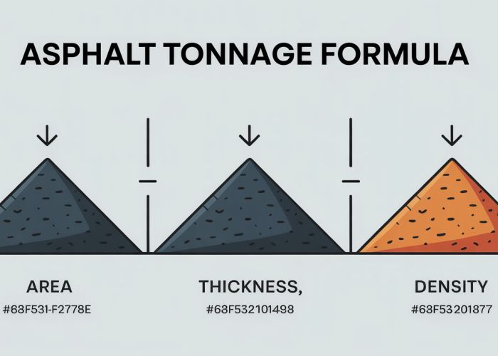Infographic explaining the asphalt tonnage formula, showing the calculation: (Area x Thickness x Density) / 27 = Tons.