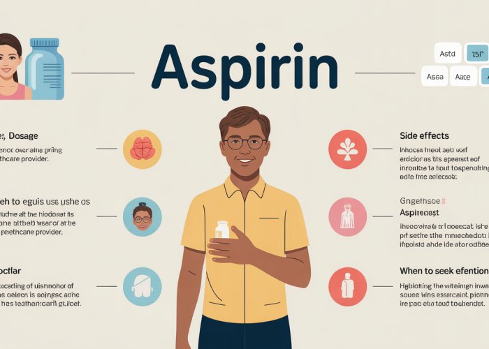 Aspirin patient education infographic explaining uses, dosage, side effects, and when to seek medical attention.