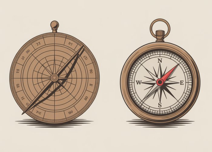 Comparison of an astrolabe and a compass, showcasing their differences in design and functionality for navigation.