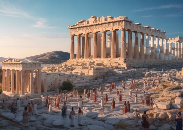 The Athenian Acropolis during the Golden Age, showcasing the Parthenon and Athenian citizens.