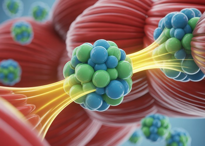 ATP molecules transferring energy within a muscle cell, illustrating the process of cellular energy storage.