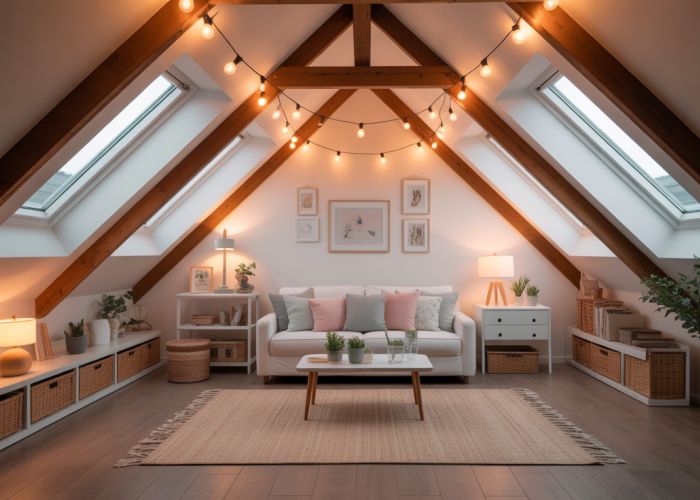 Bright attic with creative lighting solutions including recessed lighting and string lights.