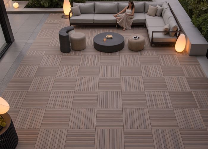 Modern patio design featuring Aura Deck Tiles with comfortable outdoor furniture and lush greenery.