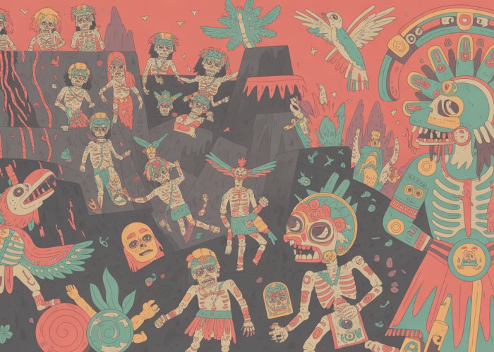 Illustration of Mictlan, the Aztec Underworld, showing souls navigating treacherous landscapes to reach Mictlantecuhtli and Mictecacihuatl.