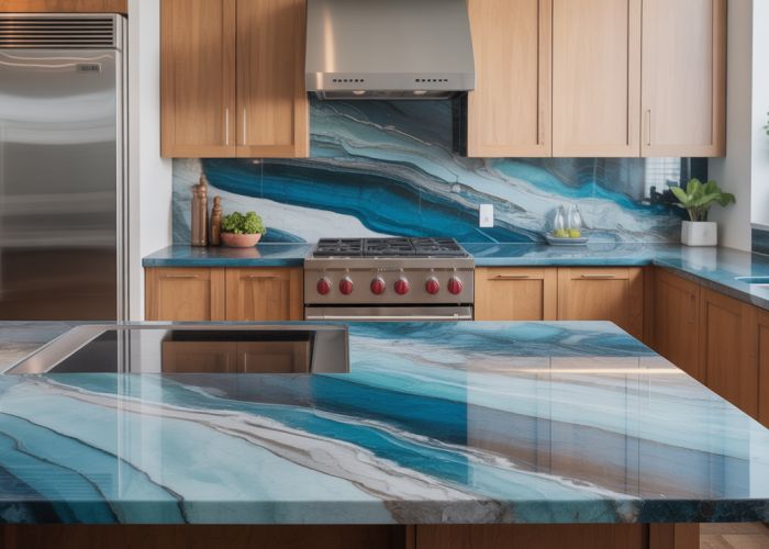 Close-up of Azzurra Bay Quartzite countertop in a modern kitchen showcasing blue and grey swirling patterns.
