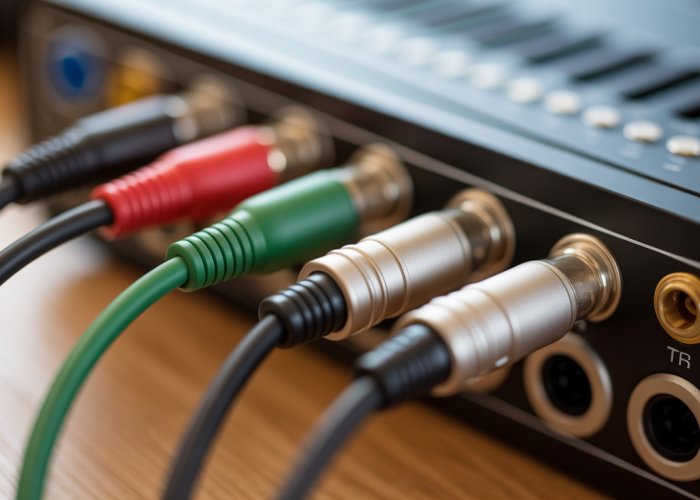 XLR and TRS audio cables plugged into an audio interface, illustrating balanced and unbalanced audio connections.