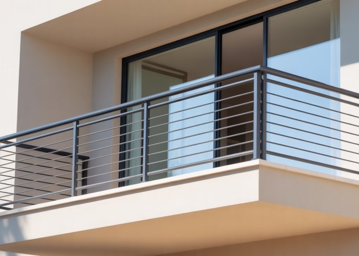 Modern balcony with black metal handrail that meets required building code height standards.