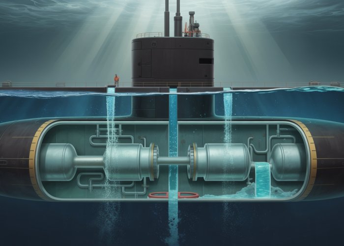 Illustration of a submarine ballast tank system showing the filling and emptying process.