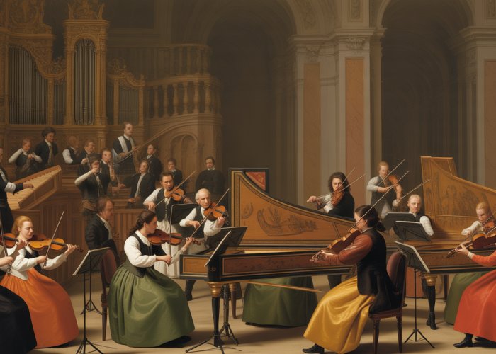 Baroque orchestra performing in a grand hall, musicians in period attire playing instruments like violins and harpsichords.