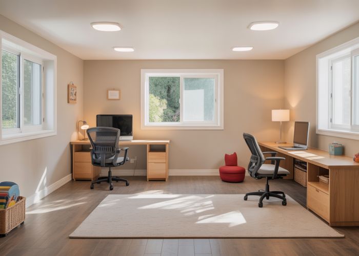 Bright basement with temporary walls dividing an office space from a children's playroom.