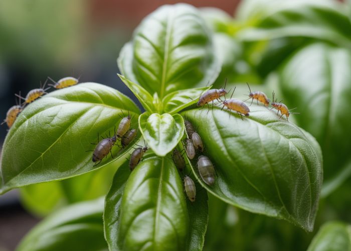 Basil plant leaves covered in tiny white aphids, showing signs of infestation and damage.