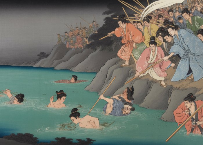 Illustration of the Battle of Dan-no-ura, depicting the Taira clan's defeat and Emperor Antoku's death.