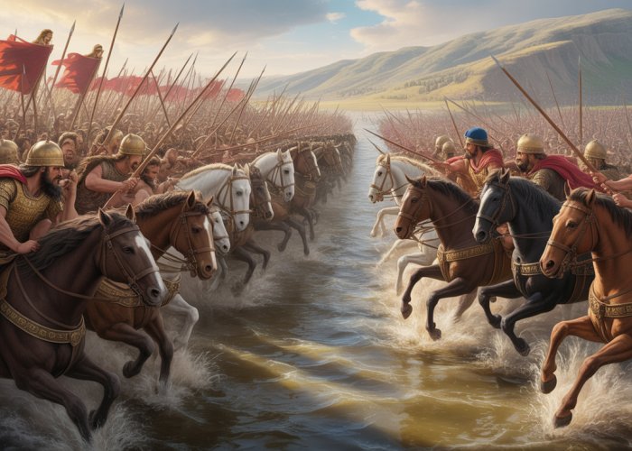 Alexander the Great leading his cavalry charge at the Battle of the Granicus River.