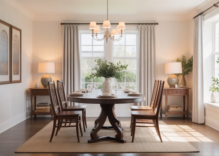 Elegant dining room with white beadboard walls, dark wood table, and natural light.