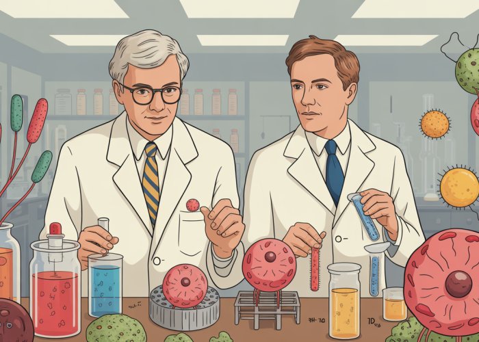George Beadle and Edward Tatum in their lab, illustrating their 'one gene-one enzyme' hypothesis with Neurospora crassa.