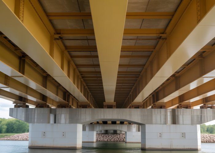 Close-up view of beam bridge components: girders, decking, piers, and bearings.