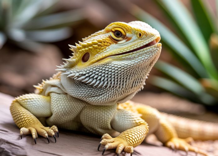 Bearded Dragon portrait with focused scales and out-of-focus desert background.