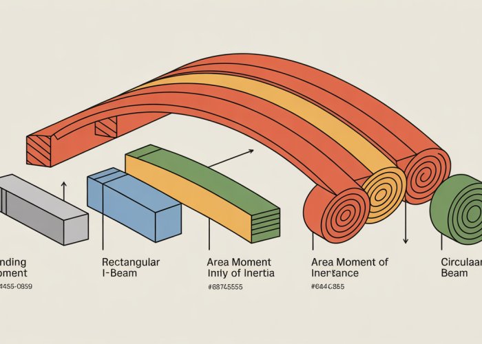 Diagram explaining bending moment and area moment of inertia in structural beams with different cross-sectional shapes.