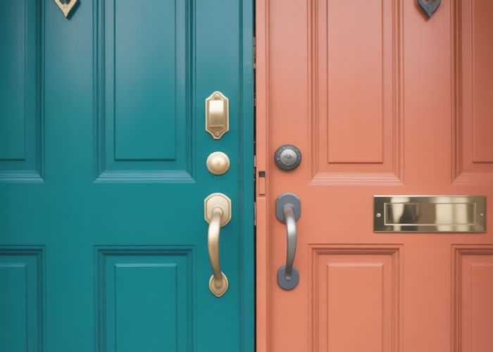 Close-up of a brightly colored front door showcasing the smooth finish achieved with the best door paint.