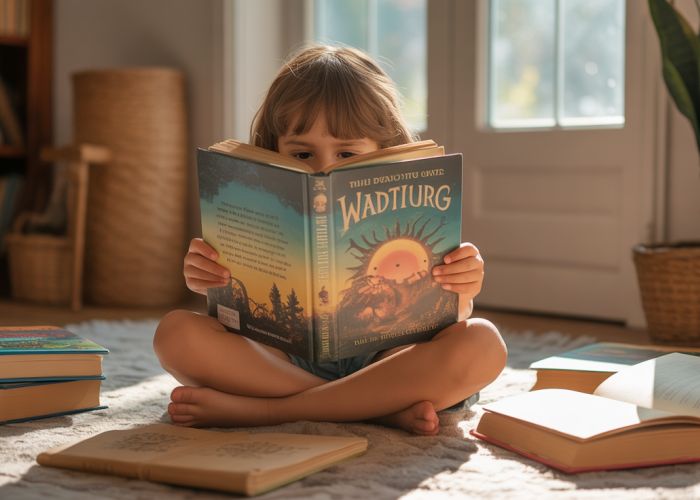 Child reading a captivating book, highlighting the joy and wonder of juvenile literature.