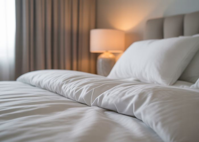 Close-up of crisp, white king-sized sheets in soft morning light, showcasing the luxurious texture.