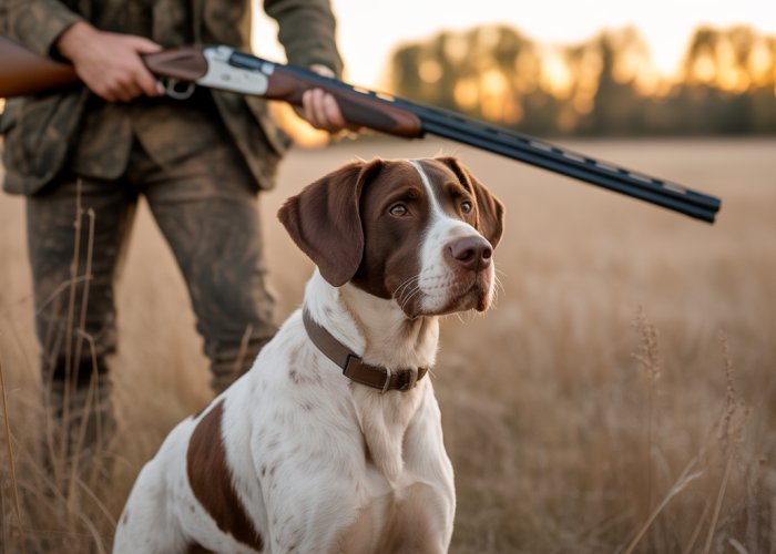 Hunter and bird dog working together in a field during golden hour.