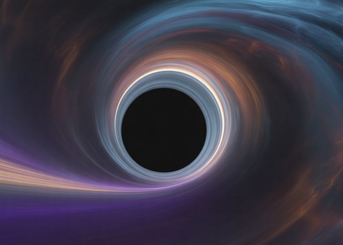 Abstract representation of a black hole vortex with swirling colors and distorted light.