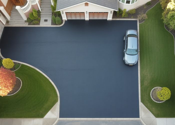 Newly paved blacktop driveway leading to a suburban home. Discusses blacktop driveway cost.