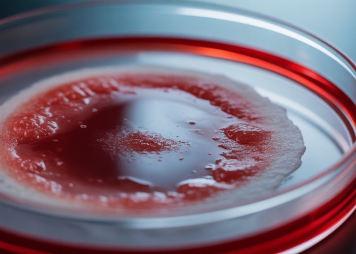 Close-up of a petri dish with a mixture of blood and a clear fluid, showing the reaction interface.