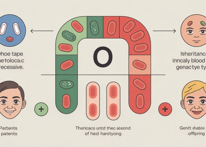 Infographic explaining the recessive nature of the O blood type with Punnett squares illustrating inheritance patterns.