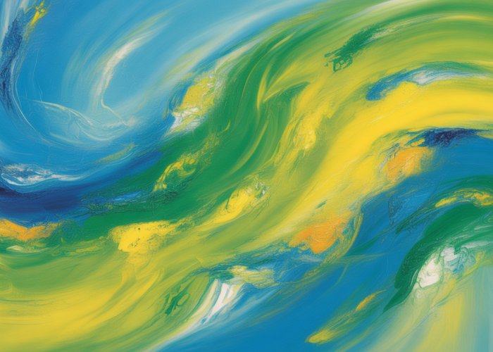 Abstract painting showing the color mixing of blue and yellow, resulting in green shades.