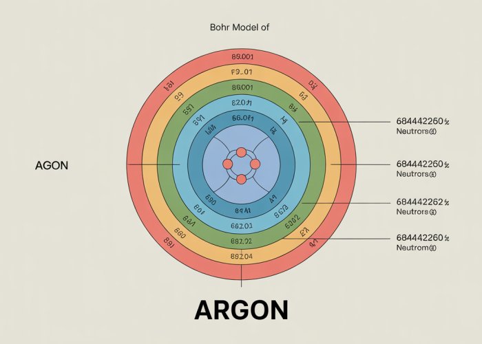 Bohr Model of Argon Atom: Illustrating electron configuration with energy levels and nucleus.