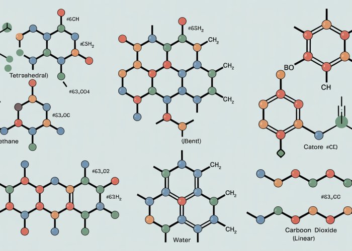 Molecular geometries and bond angles explained with examples of methane, water, and carbon dioxide.