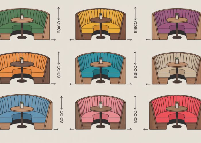 Variety of booth seating sizes and configurations for restaurants and cafes, with labeled dimensions.
