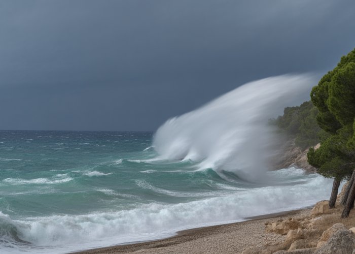 Bora wind whipping up sea spray and bending trees on the Adriatic coast.