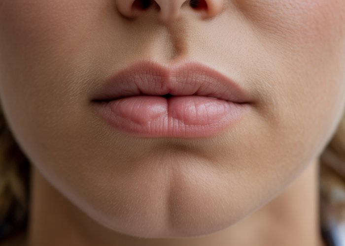 Close-up of a person's lips, highlighting a distinctive indentation on their bottom lip.