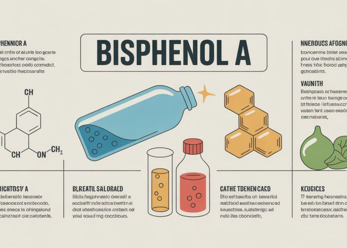 Infographic showing the chemical structure of Bisphenol A (BPA) and its uses, highlighting both benefits and potential health concerns.