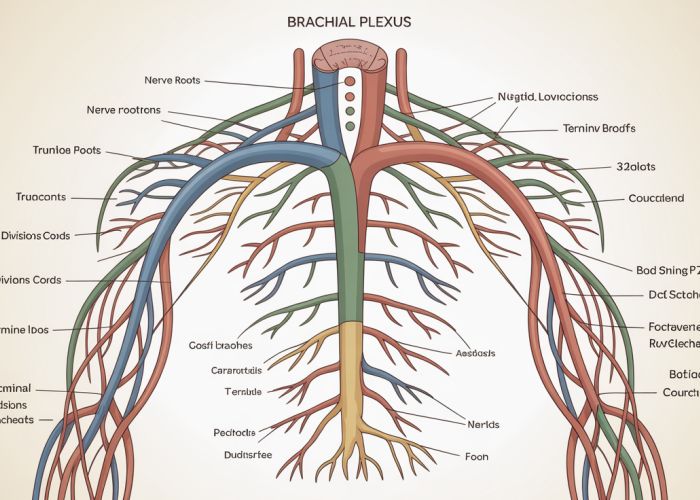 Brachial Plexus Anatomical Drawing: A detailed illustration showing the nerve roots, trunks, divisions, cords, and branches of the brachial plexus.