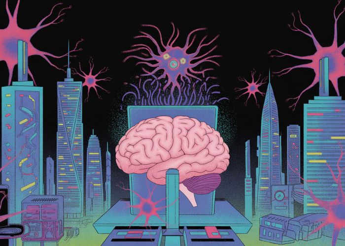 Cyberpunk city with neuron-shaped skyscrapers infected by a digital virus attacking a central brain-like server.