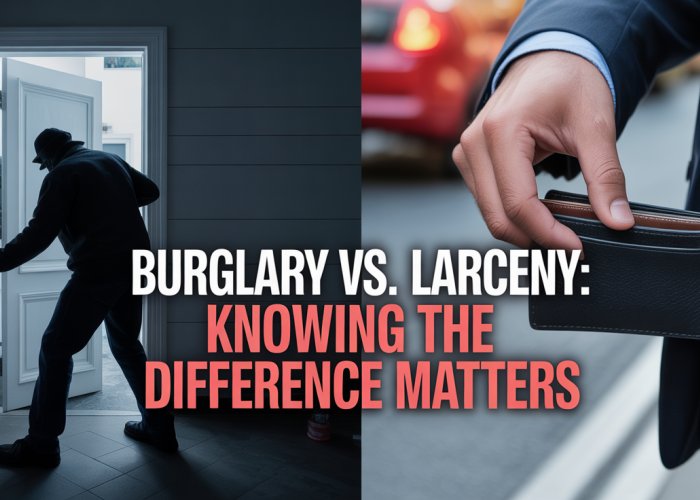Comparison of burglary (breaking into a house) and larceny (picking a pocket) to illustrate the difference between the crimes.