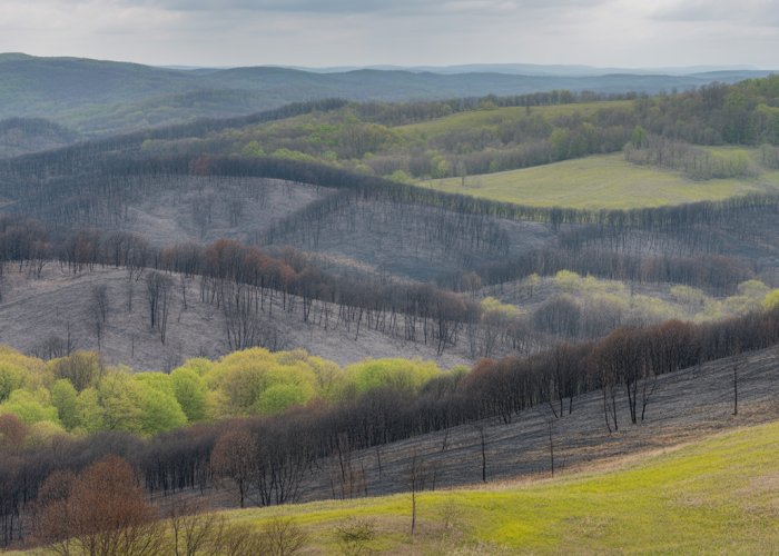 Landscape of the Burnt-Over District, showcasing charred trees and new growth, symbolizing resilience.