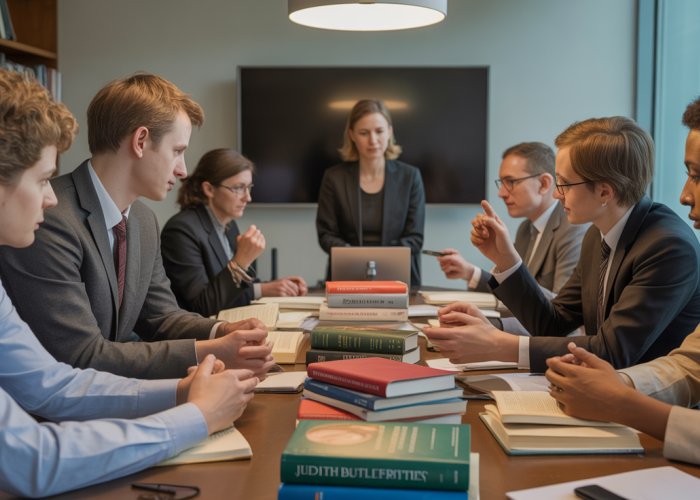 Group of diverse individuals discussing Judith Butler's performativity theory at a conference table.