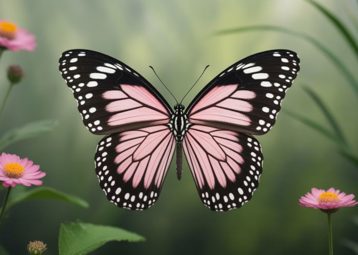 Close-up of a butterfly displaying perfect bilateral symmetry, with vibrant wing patterns.