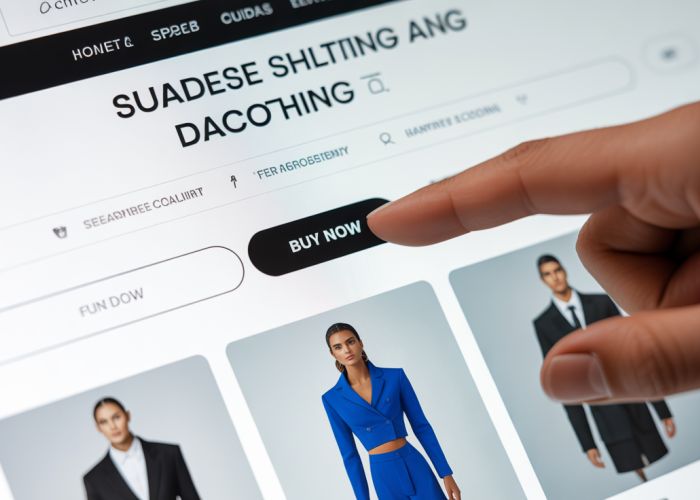 Hand clicking a 'Buy Now' button on a fashion website