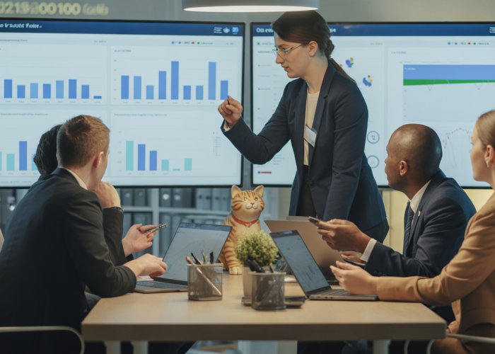 Auditors collaborating on data analysis using CAATs, leveraging technology for improved audit efficiency.