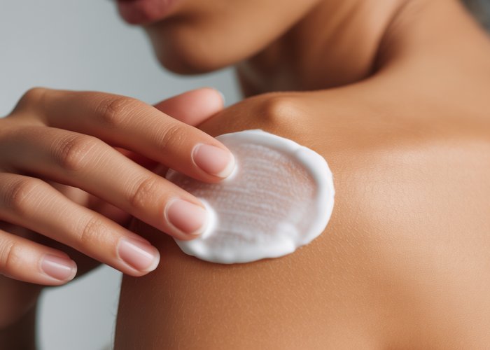 Person applying calamine lotion to soothe itchy skin.