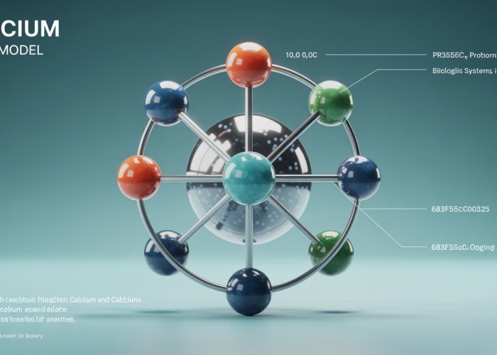 3D rendered model of a calcium atom, showing protons, neutrons, and electron shells.
